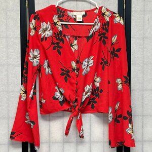 Urban Romantics V Neck Sheer Front Button Crop Tie Waist Bell Sleeve Top Red M